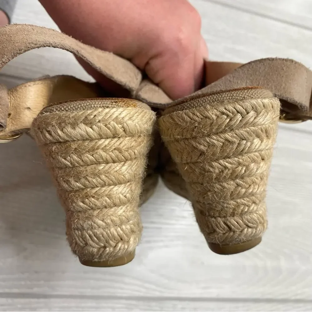 Kanna Tan Suede Leather Peep Toe Espadrille Wedges Size 7.5 EU 38